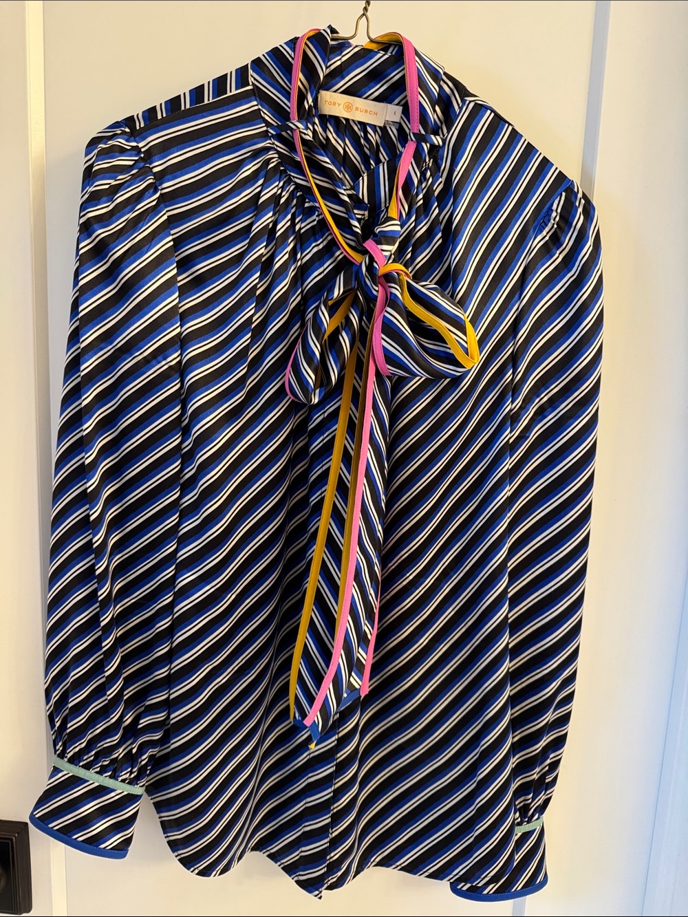 Tory Burch Navy Stripe Silk Bow-Neck Blouse with Pink & Yellow Ties